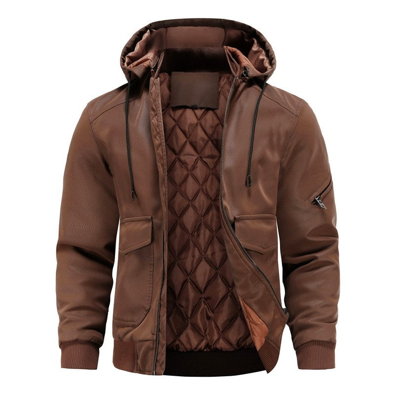 Hooded Faux Leather Jacket – Brown & Black Quilted Winter Streetwear Coat