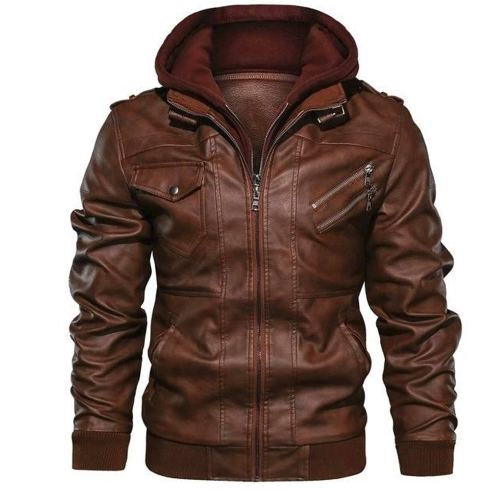 Faux Leather Moto Jacket with Hoodie – Brown Vintage Biker Streetwear Coat