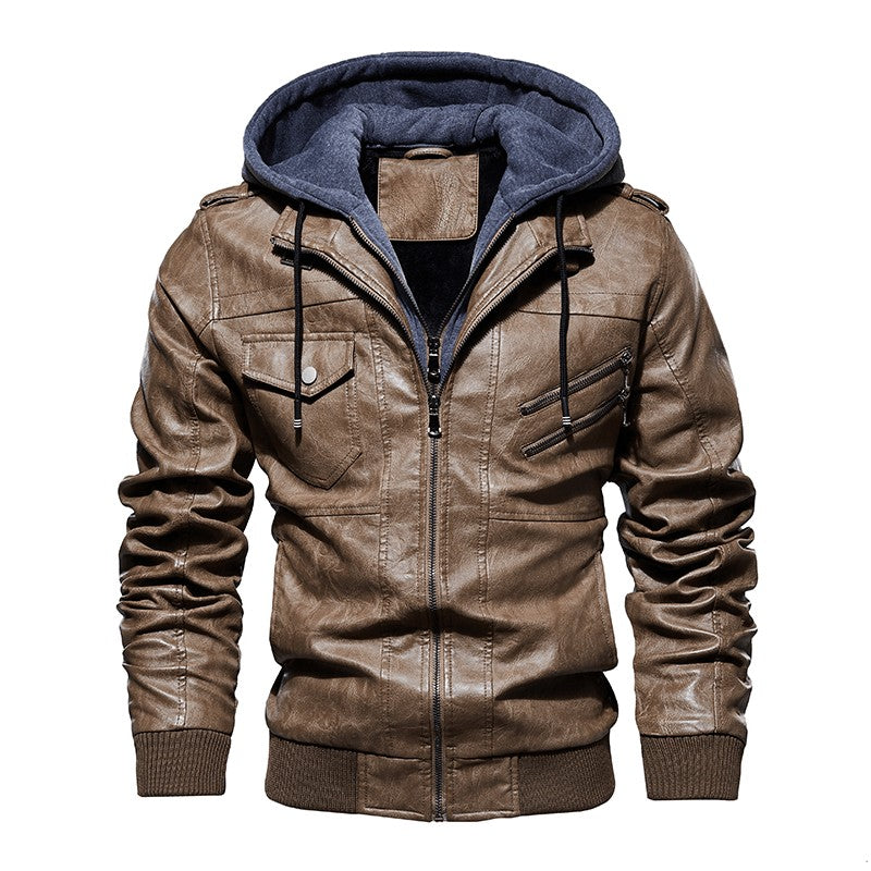 Khaki Faux Leather Hooded Jacket – Casual Moto Streetwear Coat