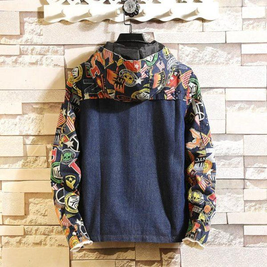 Denim Patchwork Hoodie Jacket – Streetwear Printed Sleeve Windbreaker