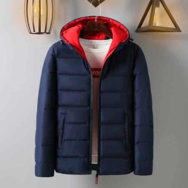 Navy Puffer Jacket with Red Hood – Warm Winter Casual Coat