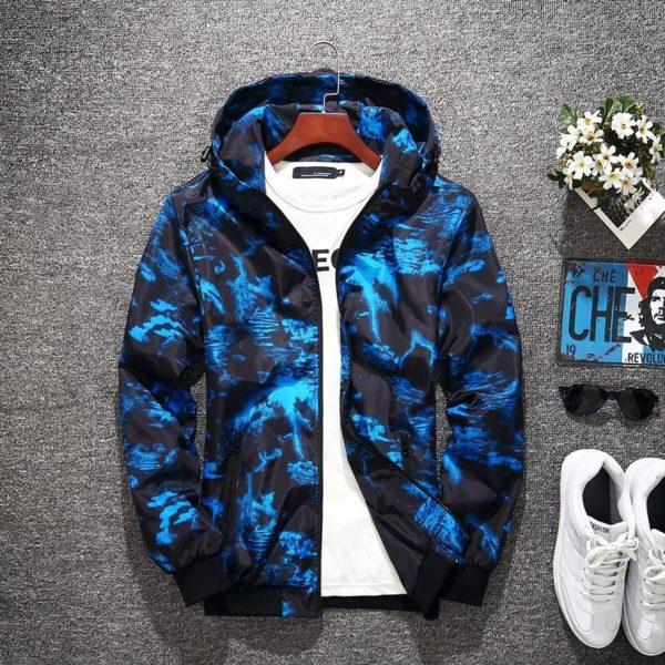 Blue Abstract Print Windbreaker Jacket – Lightweight Hooded Streetwear Coat