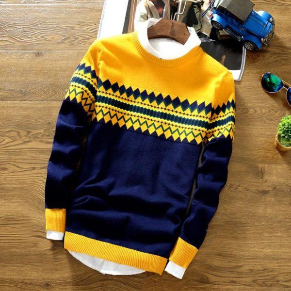 Tri-Color Geometric Winter Knit Sweater – Warm Casual Pullover