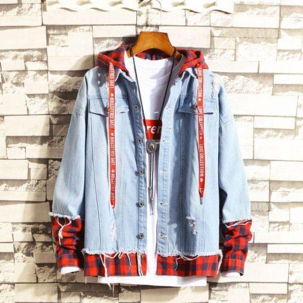 Light Blue Denim Jacket with Red Plaid Hoodie – Streetwear Layered Style