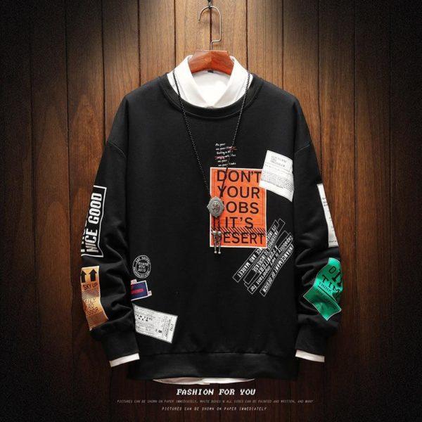 Graphic Patchwork Streetwear Sweatshirt – Oversized Casual Pullover (Black)