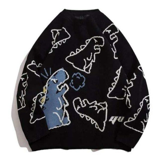 Cartoon Dinosaur Knit Sweater – Cozy Retro Streetwear Pullover