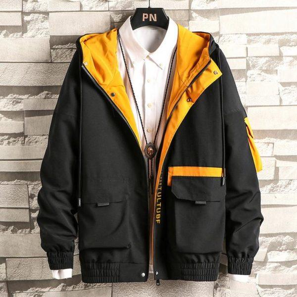 Black & Yellow Hooded Utility Jacket – Streetwear Windbreaker