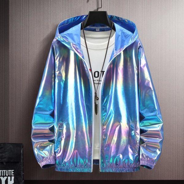Holographic Reflective Jacket – Shiny Rainbow Windbreaker Hoodie