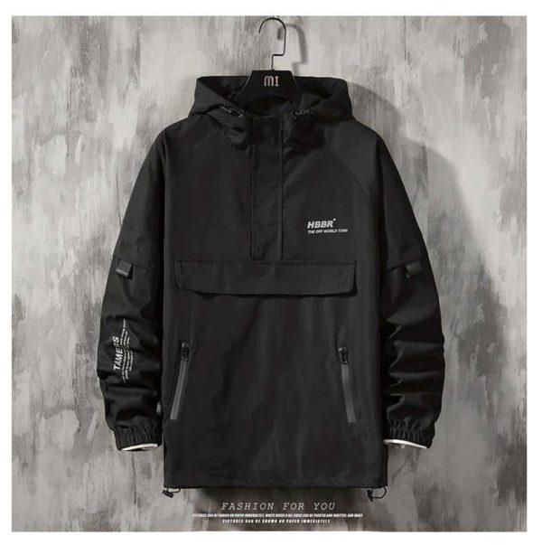 Black Techwear Windbreaker Pullover – Waterproof Streetwear Hoodie Jacket