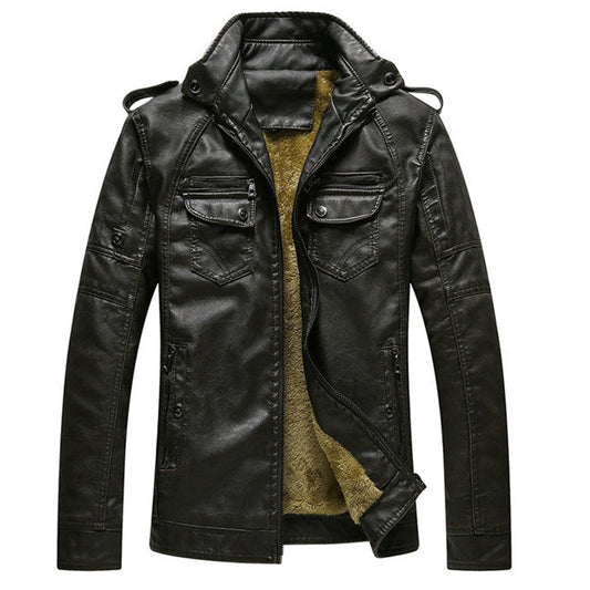 Faux Leather Fleece-Lined Biker Jacket – Dark Coffee Winter Moto Coat
