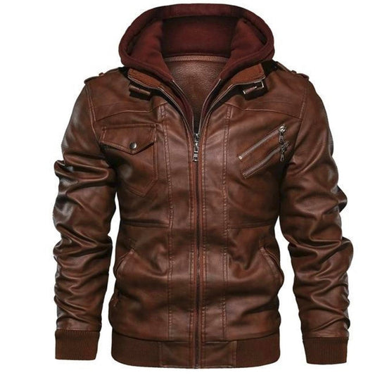 Faux Leather Moto Jacket with Hoodie – Brown Vintage Biker Streetwear Coat