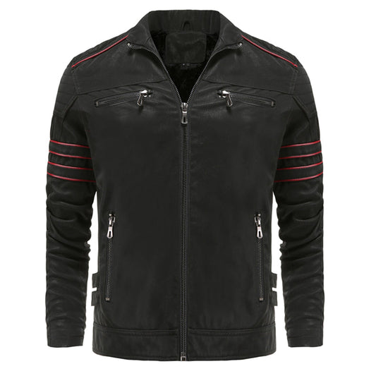 Black Moto Leather Jacket – Red Stripe Motorcycle Style