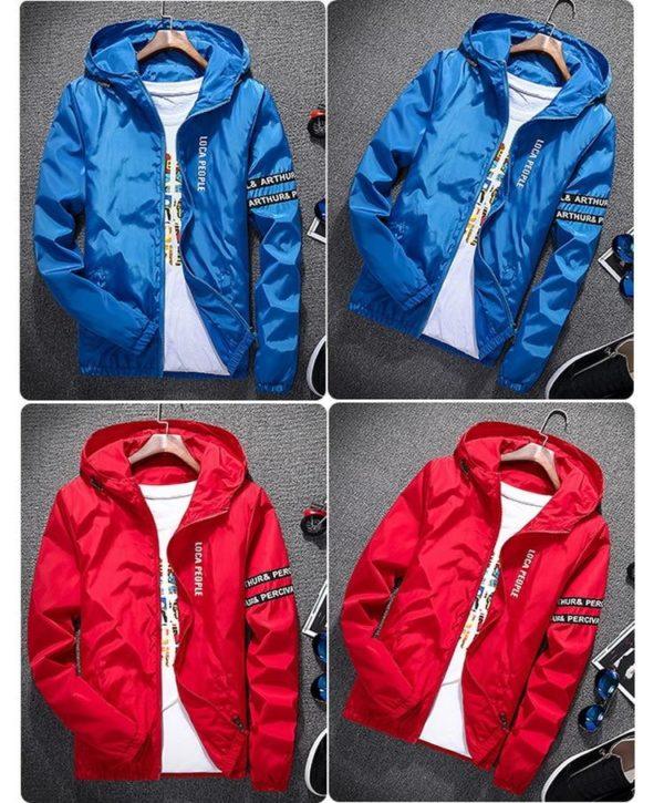 Lightweight Hooded Windbreaker Jacket – Casual Waterproof Shell (Red & Blue)