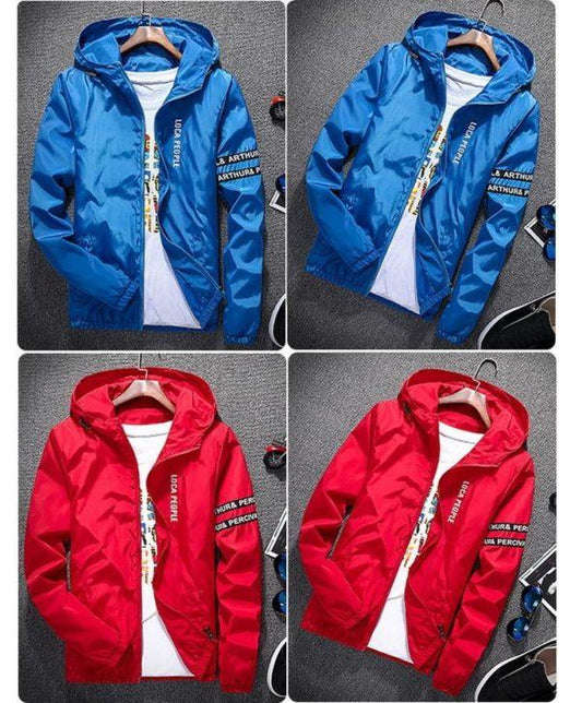Lightweight Hooded Windbreaker Jacket – Casual Waterproof Shell (Red & Blue)