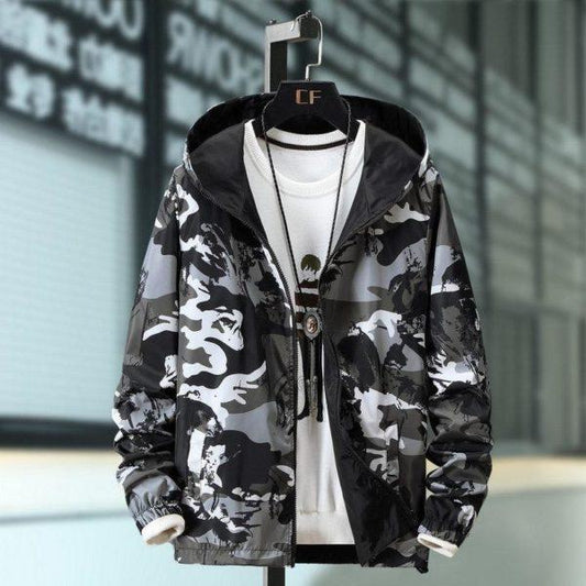 Black & Grey Camo Windbreaker Jacket – Lightweight Streetwear Hoodie