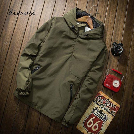 Olive Green Hooded Windbreaker Jacket – Lightweight Waterproof Outdoor Wear
