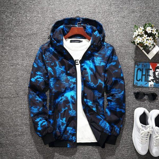 Blue Abstract Print Windbreaker Jacket – Lightweight Hooded Streetwear Coat