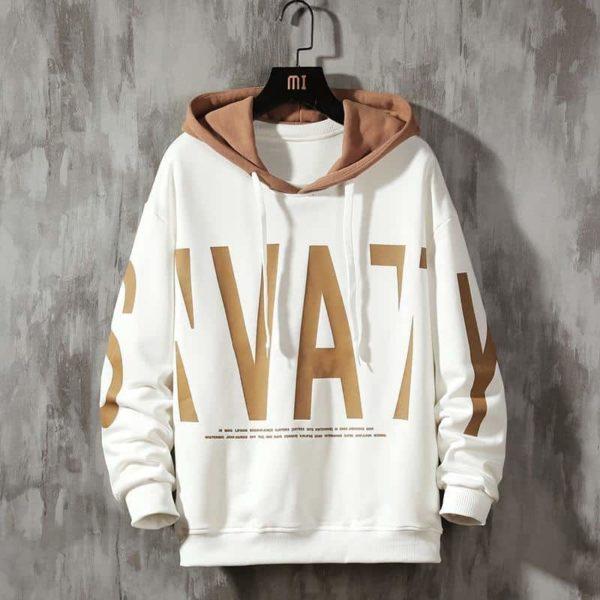 White & Brown Hooded Sweatshirt – Bold Graphic Streetwear Hoodie