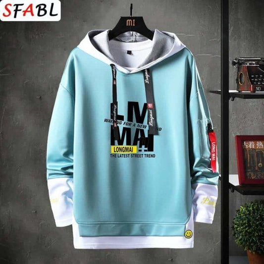 Light Blue Streetwear Hoodie – Layered Look with Graphic Print