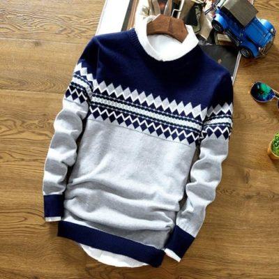 Tri-Color Geometric Winter Knit Sweater – Warm Casual Pullover