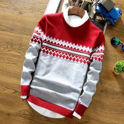 Tri-Color Geometric Winter Knit Sweater – Warm Casual Pullover