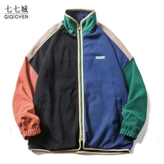 Multi-Color Patchwork Zip Jacket – Retro Streetwear Track Style