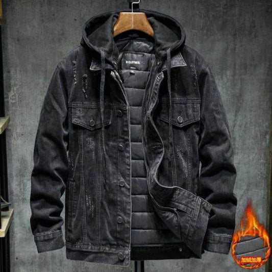 Winter Warm Denim Jacket with Hoodie – Fleece-Lined, Thick, Windproof Streetwear Coat