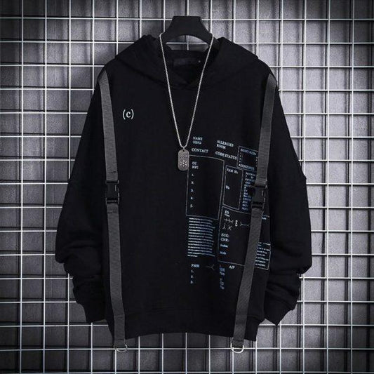 Tactical Strap Graphic Hoodie – Black Streetwear Pullover