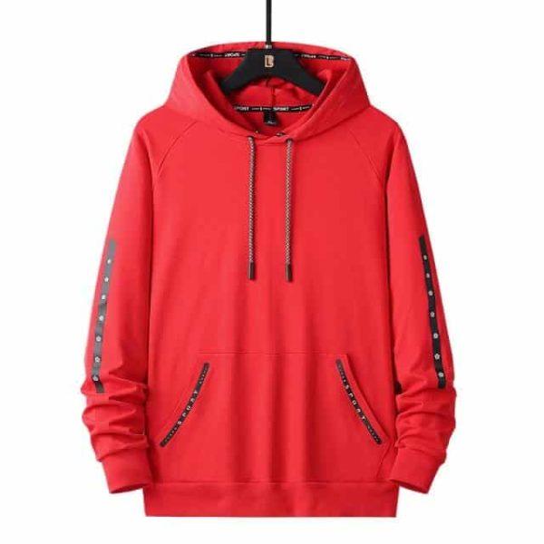 Red Streetwear Hoodie – Casual Pullover with Decorative Sleeve Stripes