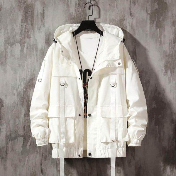 White Utility Cargo Jacket – Streetwear Windbreaker with Multi Pockets