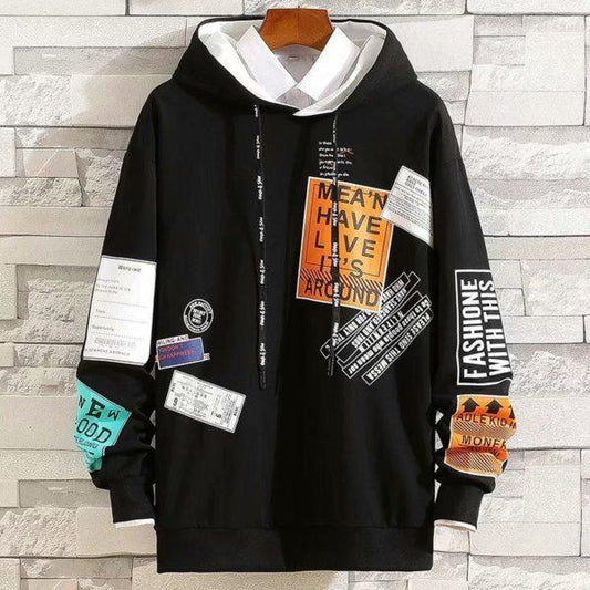 Patchwork Graphic Hoodie – Streetwear Pullover with Printed Labels (Black)