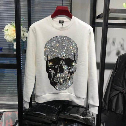 White Skull Sweatshirt – Crystal Rhinestone Skull Pullover