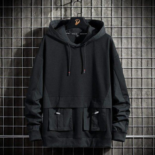Black Utility Pocket Hoodie – Techwear Street Style Pullover