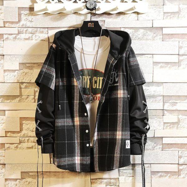 Plaid Layered Hoodie Shirt Jacket – Streetwear Flannel with Lace-Up Sleeves (Black)