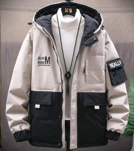 Two-Tone Winter Jacket – Beige & Black Hooded Warm Coat