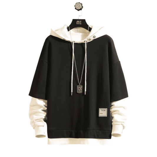 Layered Streetwear Hoodie – Black & White Oversized Pullover