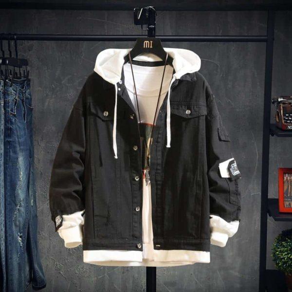 Layered Hoodie Denim Jacket – Casual Streetwear Oversized Coat (Black)