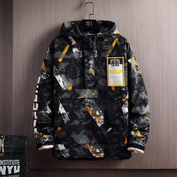 Graphic Camo Anorak Jacket – Warm Winter Streetwear Pullover Coat (Black/Yellow)