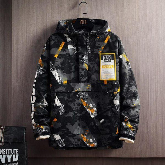 Graphic Camo Anorak Jacket – Warm Winter Streetwear Pullover Coat (Black/Yellow)