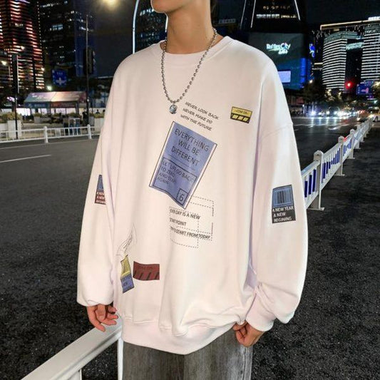 Oversized Printed Sweatshirt – Streetwear Graphic Pullover (White / Black)