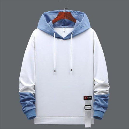 White & Blue Color-Block Hoodie – Casual Streetwear Pullover