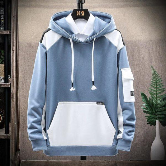 Two-Tone Blue & White Streetwear Hoodie – Cargo Sleeve Pocket & Kangaroo Pouch