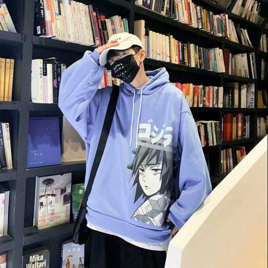 Anime Graphic Hoodie – Oversized Streetwear Pullover (Blue)