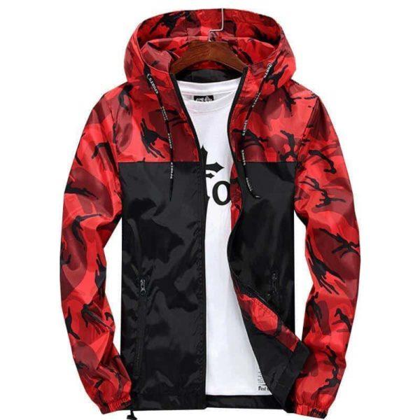 Red Camo Windbreaker Jacket – Lightweight Streetwear Hooded Coat