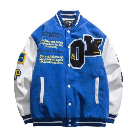 Blue & White Varsity Letterman Jacket – Retro College Style Streetwear Coat
