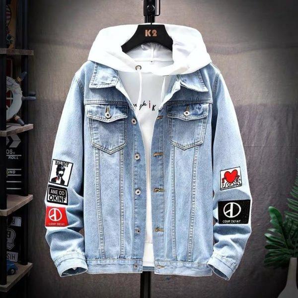 Light Blue Denim Jacket with Graphic Patches & Hoodie Layered Look