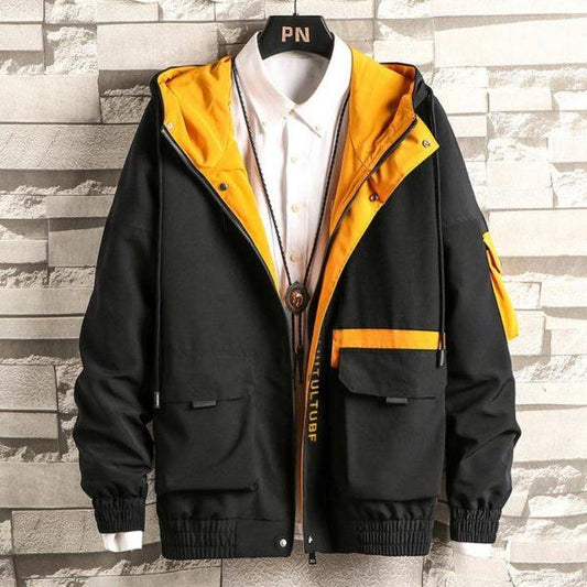 Black & Yellow Hooded Utility Jacket – Streetwear Windbreaker
