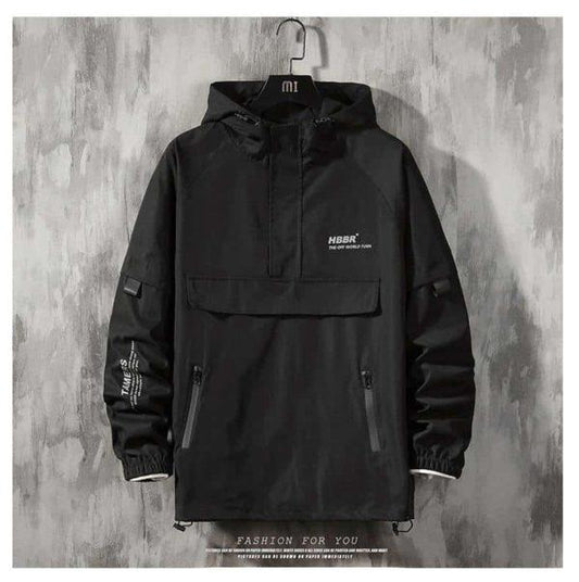 Black Techwear Windbreaker Pullover – Waterproof Streetwear Hoodie Jacket